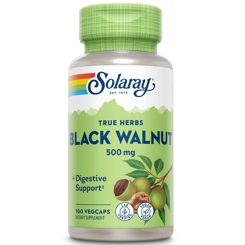 SOLARAY Black Walnut 500 mg - Full Hull - Traditional Herbal Support Formule - Non- GMO ověřený, Vegan, Lab ověřený - 60- denní záruka - 100 Služeb, 100 VegCaps