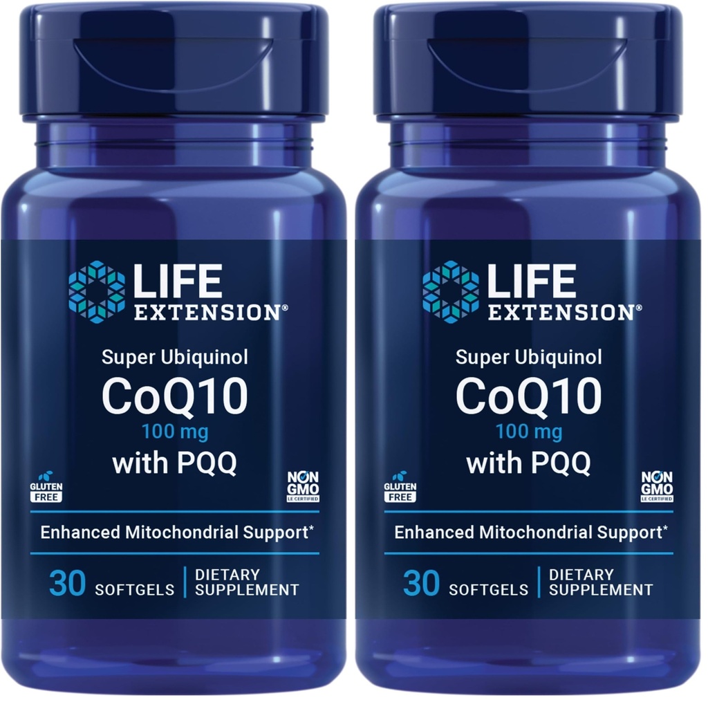 Life Extension Super Ubiquinol CoQ10 s PQQ, CoQ10, PQQ, shilajit, Heart Health, Cellular Energy Support, 8X Better Absorpce, Gluten- Free, 100 mg, 30 softgelů (Balení po 2)