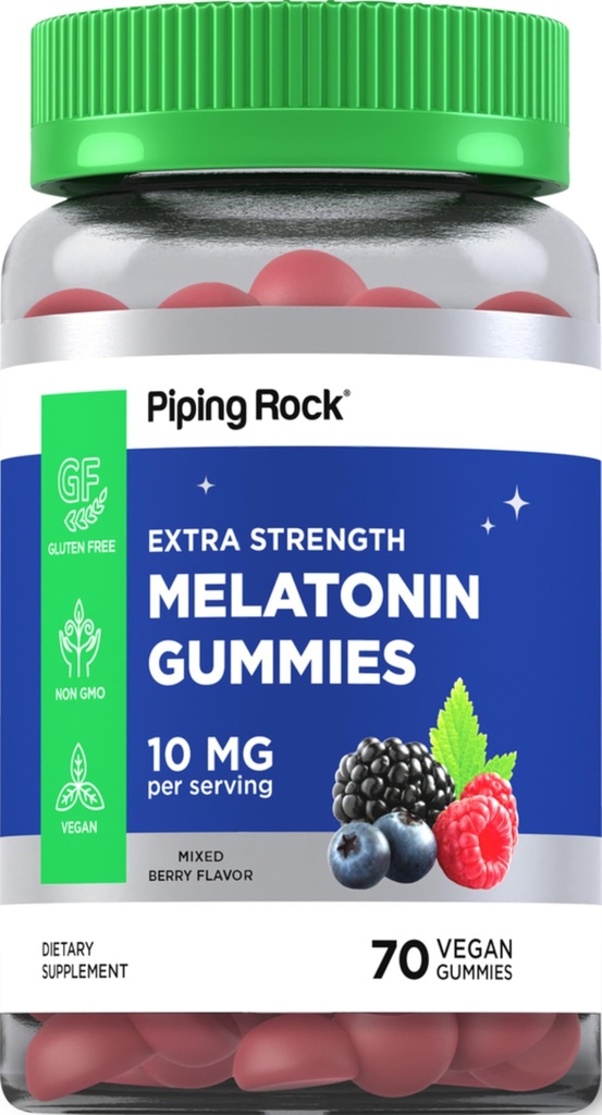 Piping Rock Melatonin Gummies 10mg TOW124; 70 Počet 124; Berry Flavor dodatek TOW124; Vegan, Non- GMO, gluten zdarma