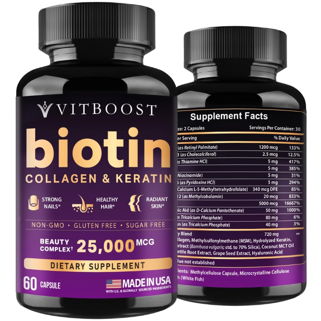 VITBOOST Biotin s hyaluronovou kyselinou, kolagenem a keratinem - 25000 mcg růstové vitamíny pro muže a ženy - hřebíky a kůže, USA Made - Třetí strana Tested, B1, B2, B3, B6, B7 Complex - 60 Kapsle