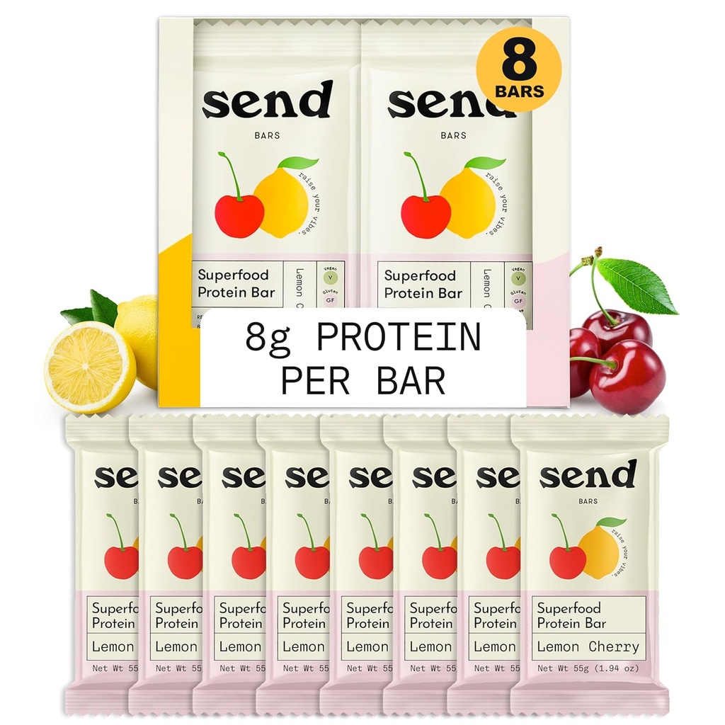 Poslat bary Plant- based Vegan zdravé proteinové bary, Se zelenými (Lemon Cherry, 8 Bary) - Pouze skutečné ingredience, Zero přidaný cukr, gluten- Free, Dairy- Free