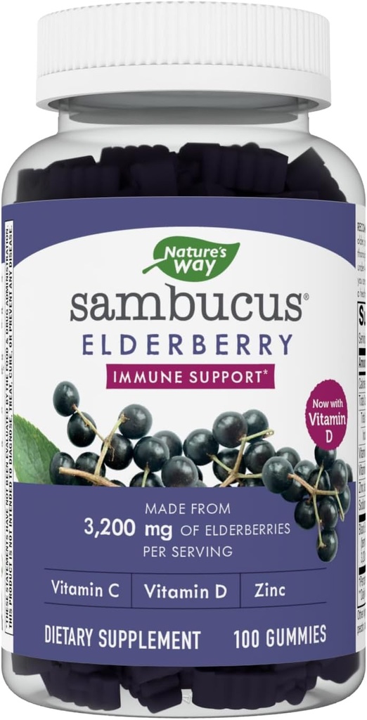 Nature 's Way Sambucus Elderberry Gummies - Imunitate Supplement for Kids & Dospělí * - With Vitamíny C, D3, Zinek & Antioxidant Support * - Gluten Free & Vegetarian - 100 Gumy
