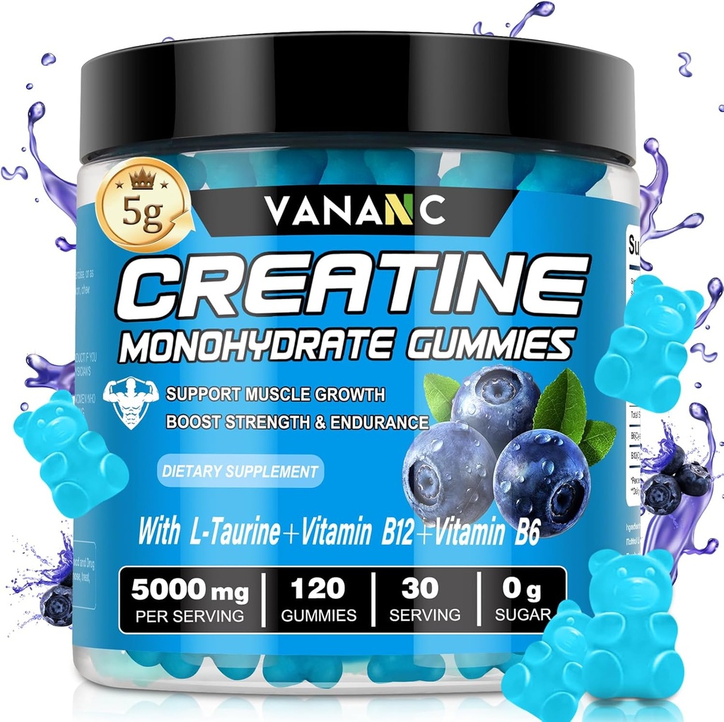 Kreatin- monohydrát Gummies 5000 mg pro muže a ženy, bez cukru, nízká v kaloriích, s L- Taurin + vitaminy pro zvýšení svalové síly