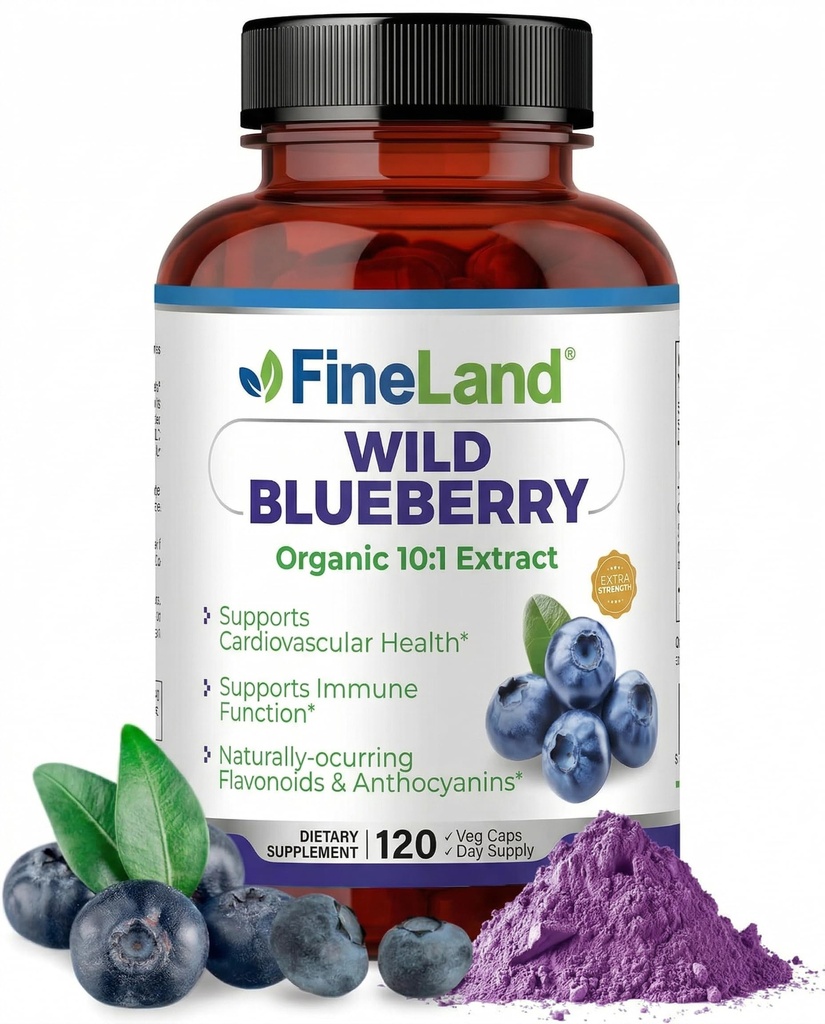 FineLand Wild Blueberry 10: 1 Extrakt, 6000 mg Síla, 120 Vegan Kapsle, Bohaté na Flavonoidy a antokyaniny, Antioxidant Podpora pro zdraví mozku a srdce, 4- měsíční dodávky, Non- GMO Made in USA