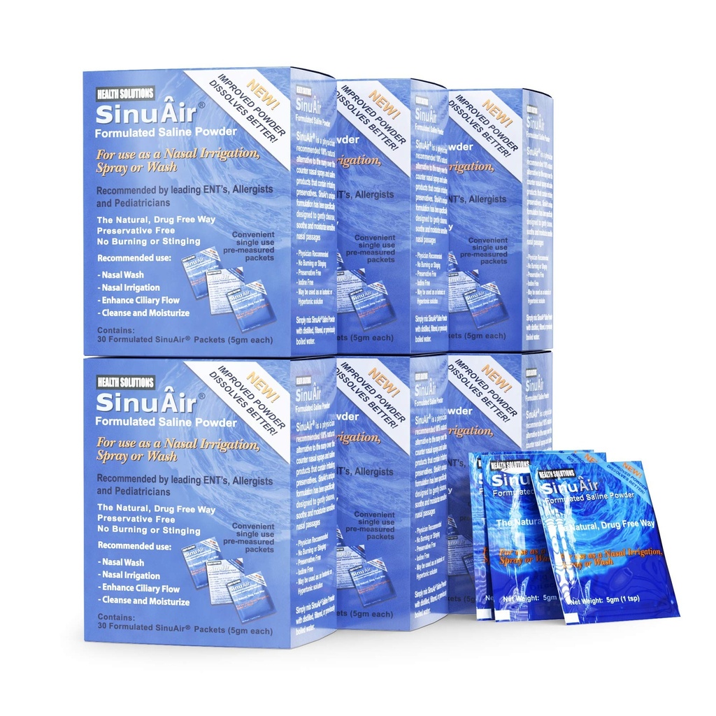 SinuAir Sinus Rinse Salt solution - Saline Powder for SinuPulse System, Neti Pot Flush, Nasal Wash Squeeze Lahvička, & Nose zavlažování, Enhanced Formulation & Cleaning for Sinuss, 180 Packets