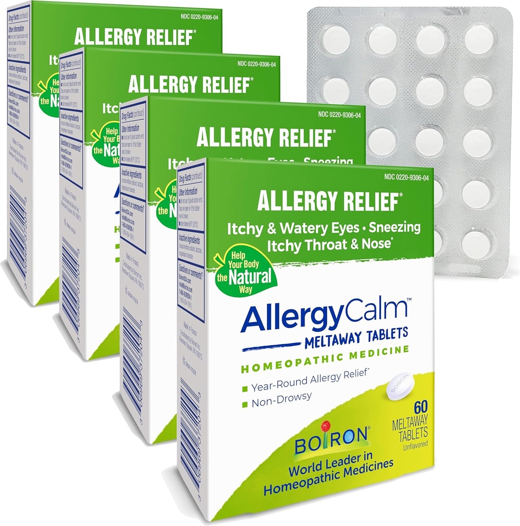 Boiron AllergyCalm Tablets 240 Počet, Úleva od alergie a Hay Horečka Příznaky žíhání, Runny Nose, SITchy Eyes, Krk, Alergie Klidové Tabs (Dříve RhinAlergie) (Balení 4 60ct Boxy)
