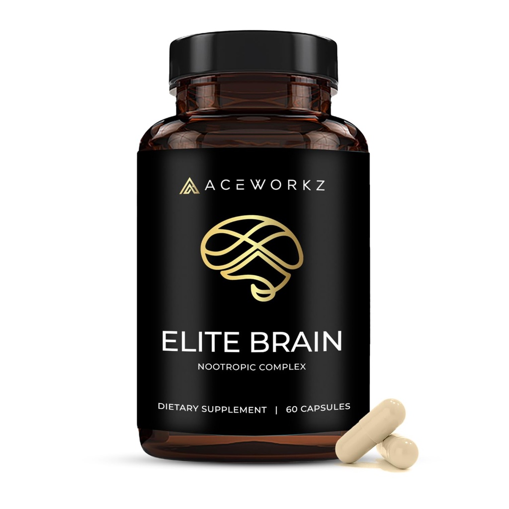 Elite Brain - Nootropní doplněk pro zaměření, Paměť a duševní jasnost - ALCAR, Lions Mane, ALA, L-Theanine, vitamin B Complex - Přírodní energie, Caffeine- Free (60 Kapsle)