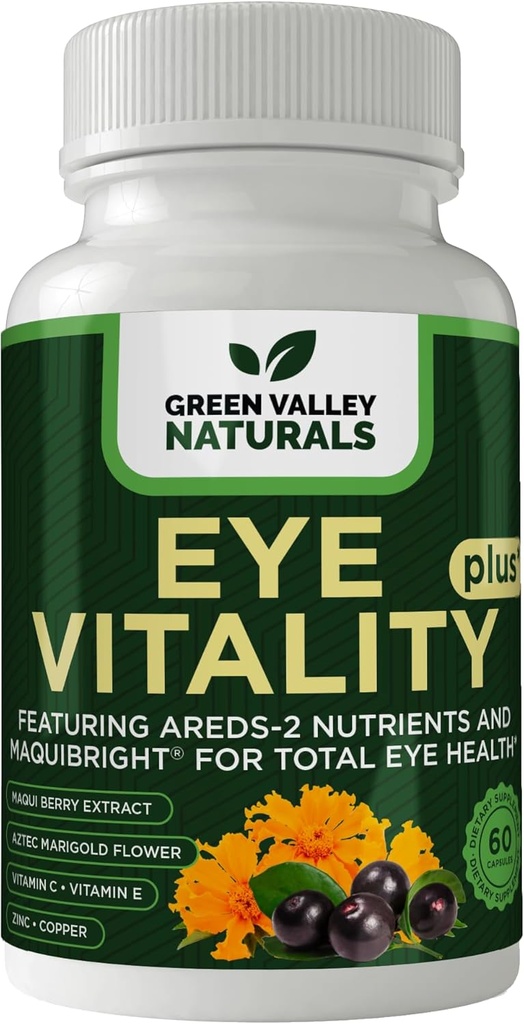 GREEN VALLEY NATURALES oční vitalita Plus doplněk, s Areds-2 Nutrients, Maquibright, Marigold Flower, Vitamíny C & E, zinek, měď, 60 Kapsle (1)