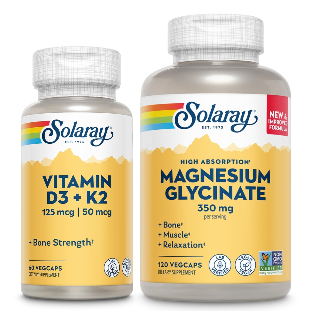 SOLARAY Vitamin D3 K2 a Glycinát hořečnatý - Kostní Zdravotní pouzdro - Absorpce vápníku, Nerve, Podpora srdce a imunity w / 5000 IU Vitamin D, 350mg Chelated Magnesium, 60denní záruka, 60ct / 120ct
