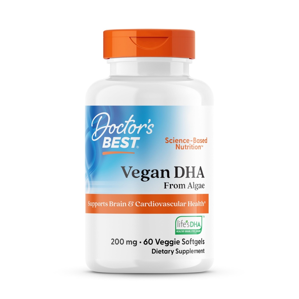Lékaři Best Vegan DHA od řas, podporuje mozek a kardiovaskulární zdraví, non-GMO, gluten zdarma, Soy zdarma, Vegan 60 Veggie Softgels
