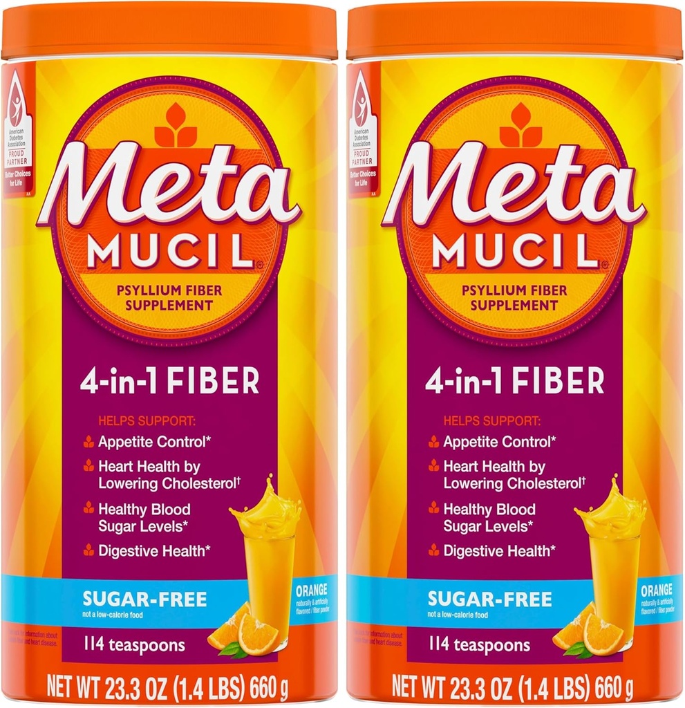 Metamucil, Denní Psylium Husk Powder Supplement, Sugar- Free Powder, 4- in-1 Vlákna pro stravovací zdraví, Oranžový ochucený nápoj, 114 čajové lžičky, 1.4 Pound (Balení po 2)