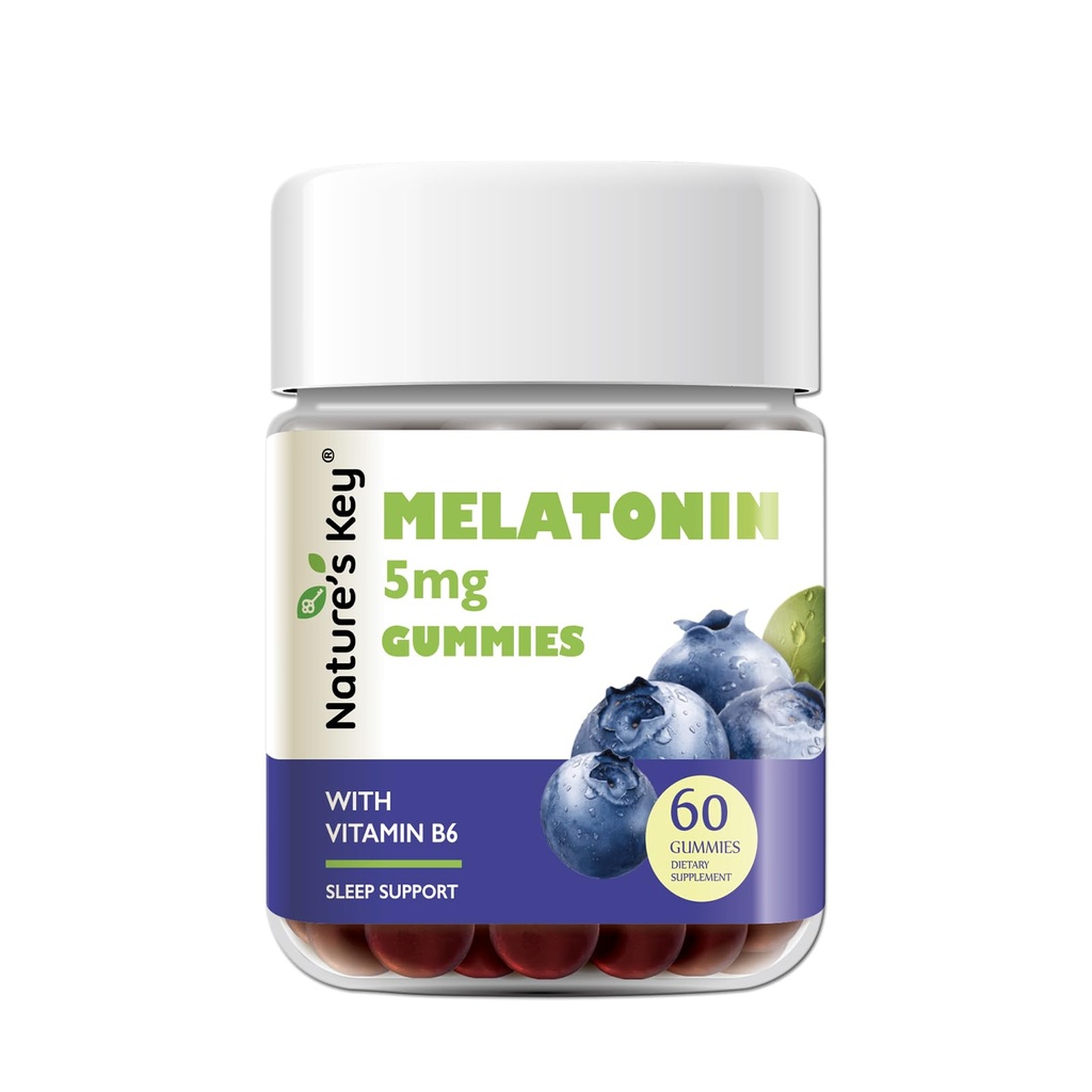 Klíč přírody Melatoninové gumy pro děti a dospělé, 5mg Gumma s vitaminem B6, Non- GMO, gluten- Free- Přírodní borůvkový flavor 60 Počet