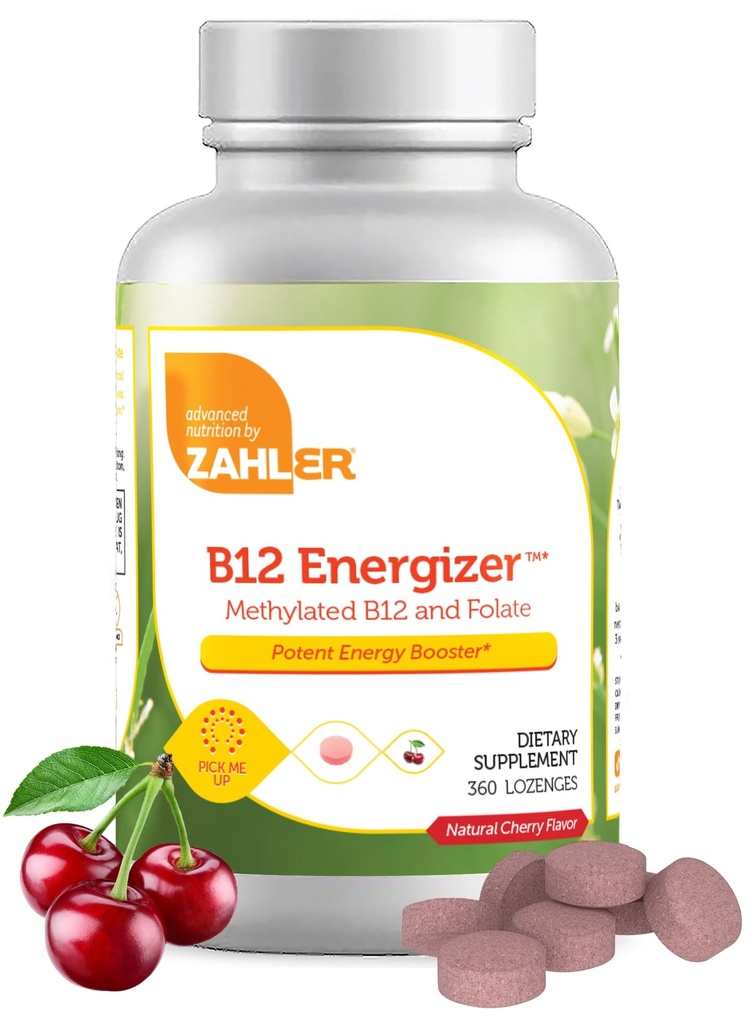 Zahler Energizer - Folát a doplněk B12 - rychlé rozpuštění třešňového aroma Lozenges Dual Vitamin Methylovaný B12 & Folátový dodatek s 1360 mcg kyseliny listové (360 Počet)