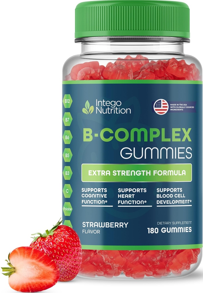 Vitamin B Complex Gummies pro dospělé, B Complex Vitamin Supplement pro ženy a muže, B Vitamíny Complex Gummies for Energy and Brain Health, Natural Strawberry Flavor, 180 Počet