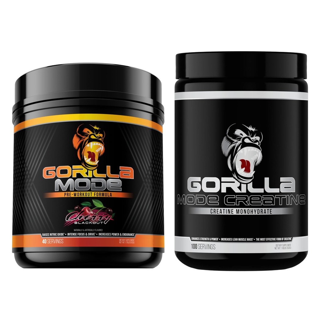 Gorila Mind Pre Workout (Cherry) + Creatine (100 Serv.) - Komplexní zásobník pro lepší sílu, výkon a velikost svalů