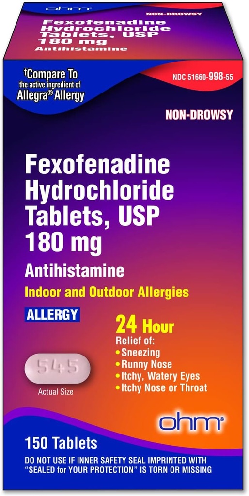 Ohm alergická medicína Fexofenadine 180mg - 24 hodinová úleva pro močení a alergické příznaky, Non- Drowsy - 24-hodinová antihistaminika tablety pro efektivní úlevu - 150 Počet (jeden balíček)