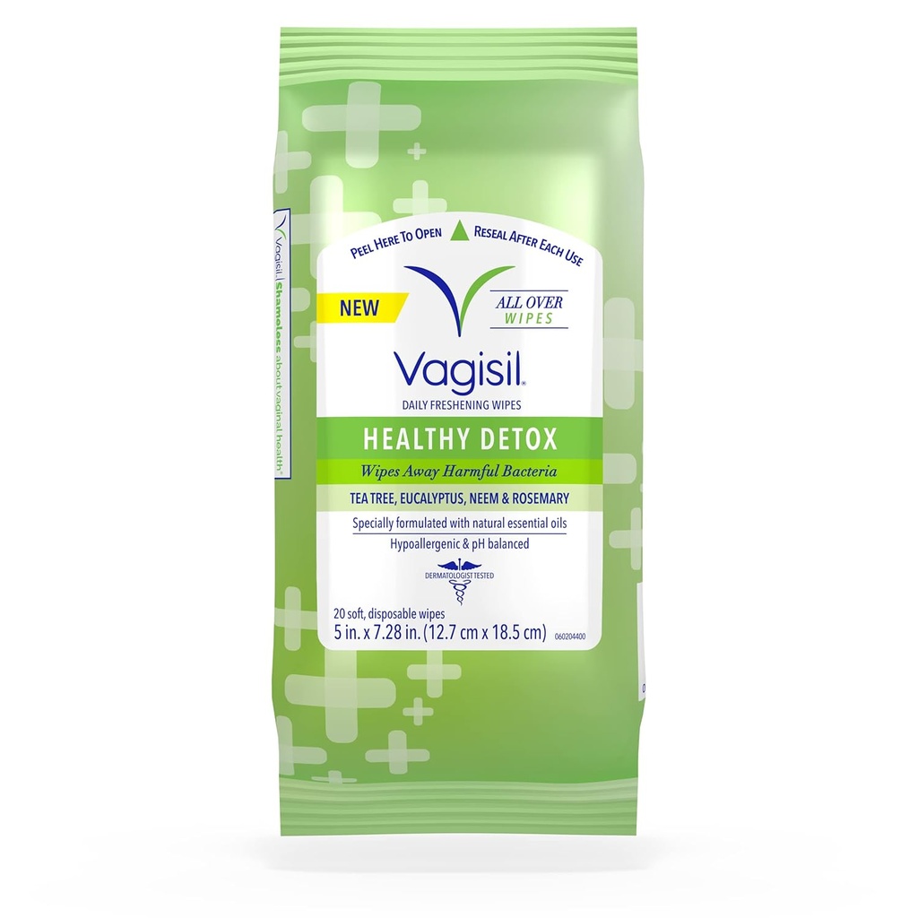 Vagisil Wipes for All Over Cleaning, Health Detox, Complicated with Essential Oils, 20 Wipes in a Re- Sealable Pouch (Balení po 1)