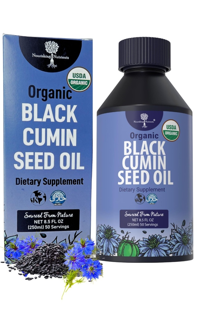 Organic Black Cumin Seed Oil- USDA- Cold Pressed -až 6X Silnější Thymochinon - Pure Nigella Sativa Cumin Seeds - Prémiový dodatek pro imunitní podporu, Antioxidant, Calming, Skin & Hair (8.5 oz)