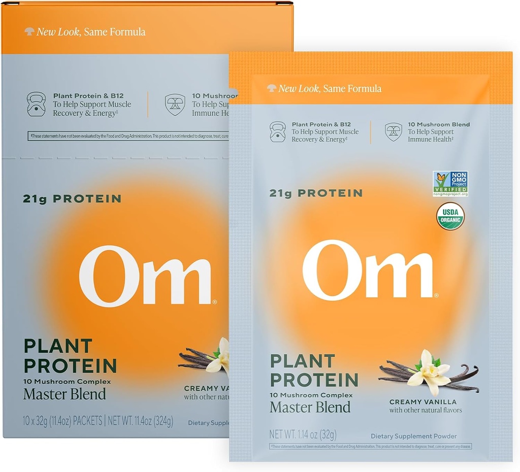 Om Master Blend Vegan Protein Powder, Vanilla, 21g rostlinného proteinu - Organic Houbový dodatek s 10 Houbový komplex, Ashwagandha, BCAA a vitamin B12 - Single Serve (10 Počet)