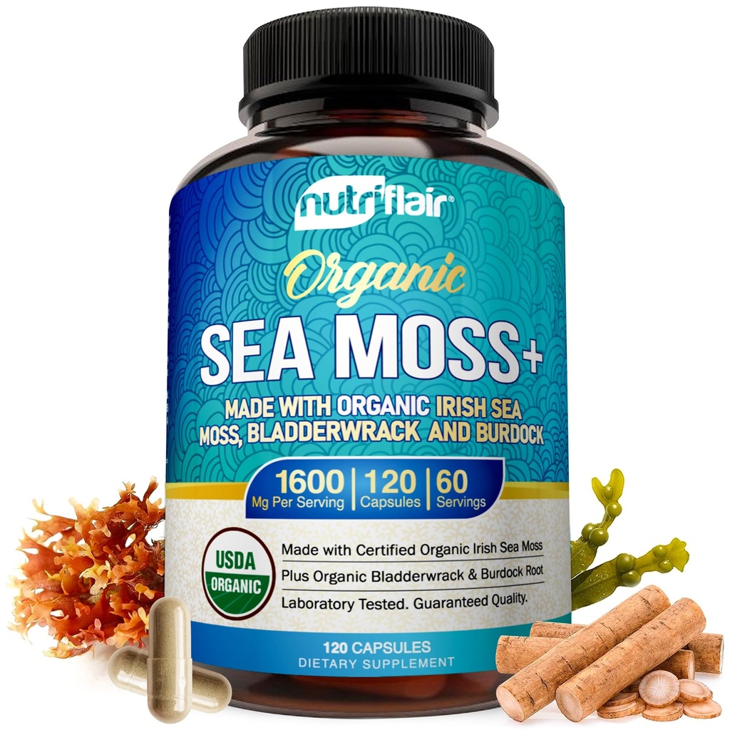 NutriFlair Organic Sea Moss 1600mg, 120 Kapsle Plus Bladderwrack & Burdock - Prebiotické Super Food - imunitní systém a stravitelné zdraví - štítné žlázy, zdravá pleť, Keto Detox, Gut