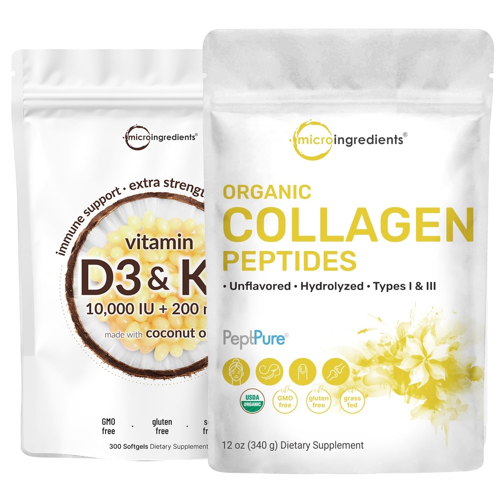 Micro ingredience Vitamin D3 10000 iu + K2 200 mcg Coconut Oil Softgels & Organic Collagen Peptides Powder Bundle 2 Balení 124; Essential Sunshine Vitamíny IR 124; Hydrolyzované typu I & III Bovine Collagen