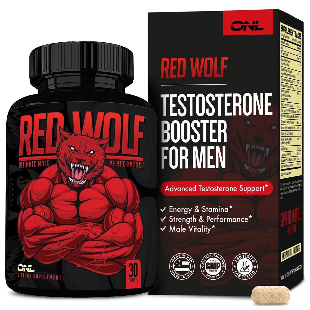 ONL Red Wolf Testosteron Booster pro muže - Ultimate Mans 's Supplement for High potency Endurance, Energy & Strength - Testosteron Supplement pro muže - w / Tongkat Ali Muž Vylepšení - 30 Ct