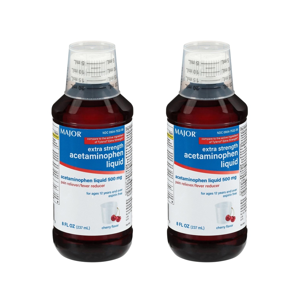 MAJOR Adult Extra Strength Liquid Acetaminophen 500mg - Helps Relieve Pain and Reduce Fevers - Aspirin Free - Cherry Flavor - 8 Fl Oz (2 Pack)