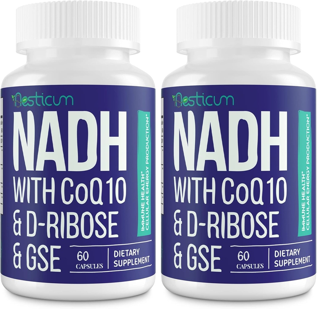 NADH 50mg + CoQ10 200mg + D- Ribose 150mg dodatek, zvýšení NAD + Doplňky pro imunitní systém, celulární energii, Focus, Reduced Nicotinamid Adenin Dinucleotid, 120 Veggie Kapsle
