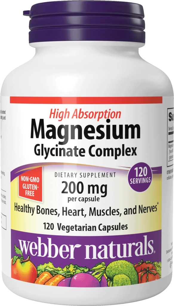 Webber Naturals Magnesium Glycinate Complex 200 mg, 120 Vegetariánské kapsle, vysoká absorpční formule, podporuje kosti, srdce, svaly & nervy, One- per- Day, Vegan, New Label!
