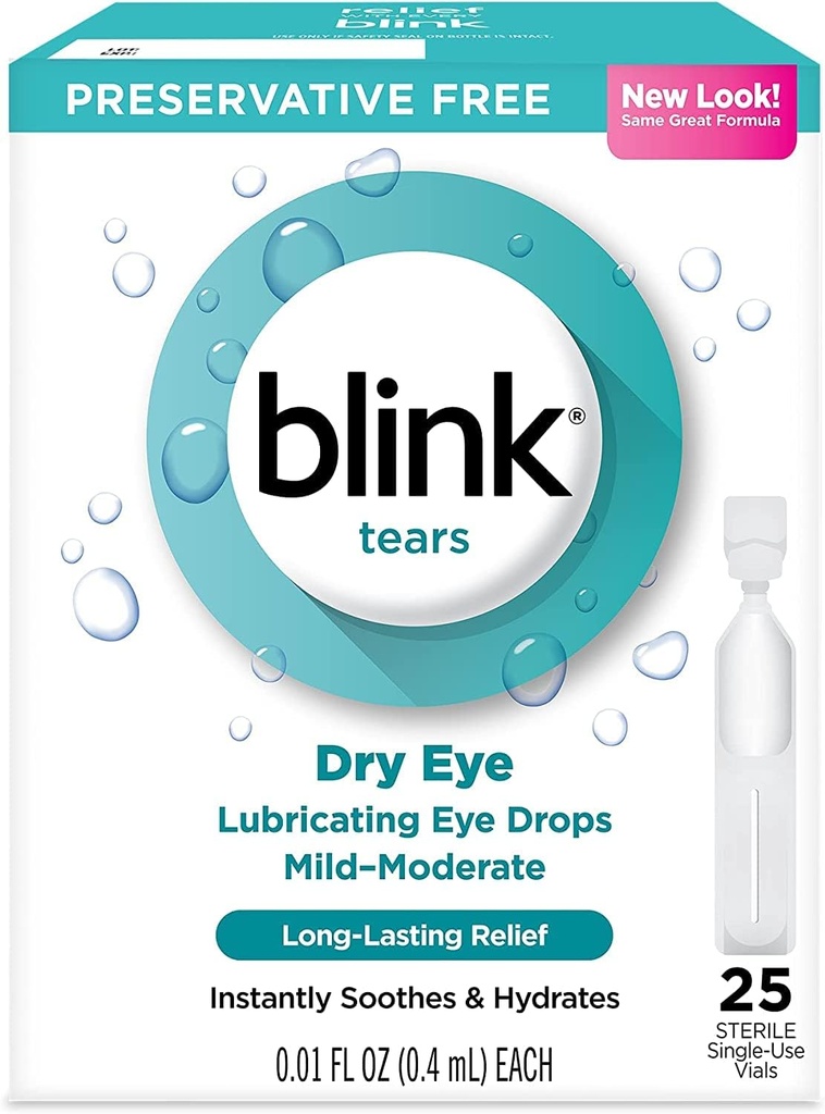 Blink Tears Mazání očí Kapky Mírně středně suché oko, 25 Počet - 0,01 oz (4 balení)