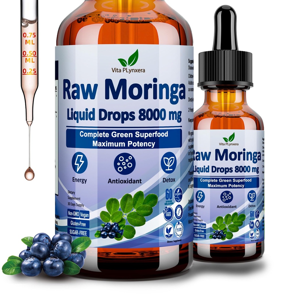 Raw Moringa Liquid Drops 8000 mg, Organic Moringa Oleifera Leaf Extract w. Supergreens Blend of Wheatgrass, Barley Grass for Antioxidant, Energy & Immunication, High potency Than Capsules Powder