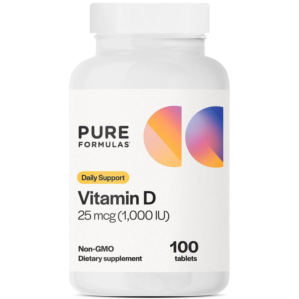 Purexas Vitamin D3 1 000 IU 25 mcg - Premium vitamin D dodatek pro zdravou tvorbu kostí, zuby, kardiovaskulární zdraví, a imunitní podpora Non- GMO - 100 Počet tablet