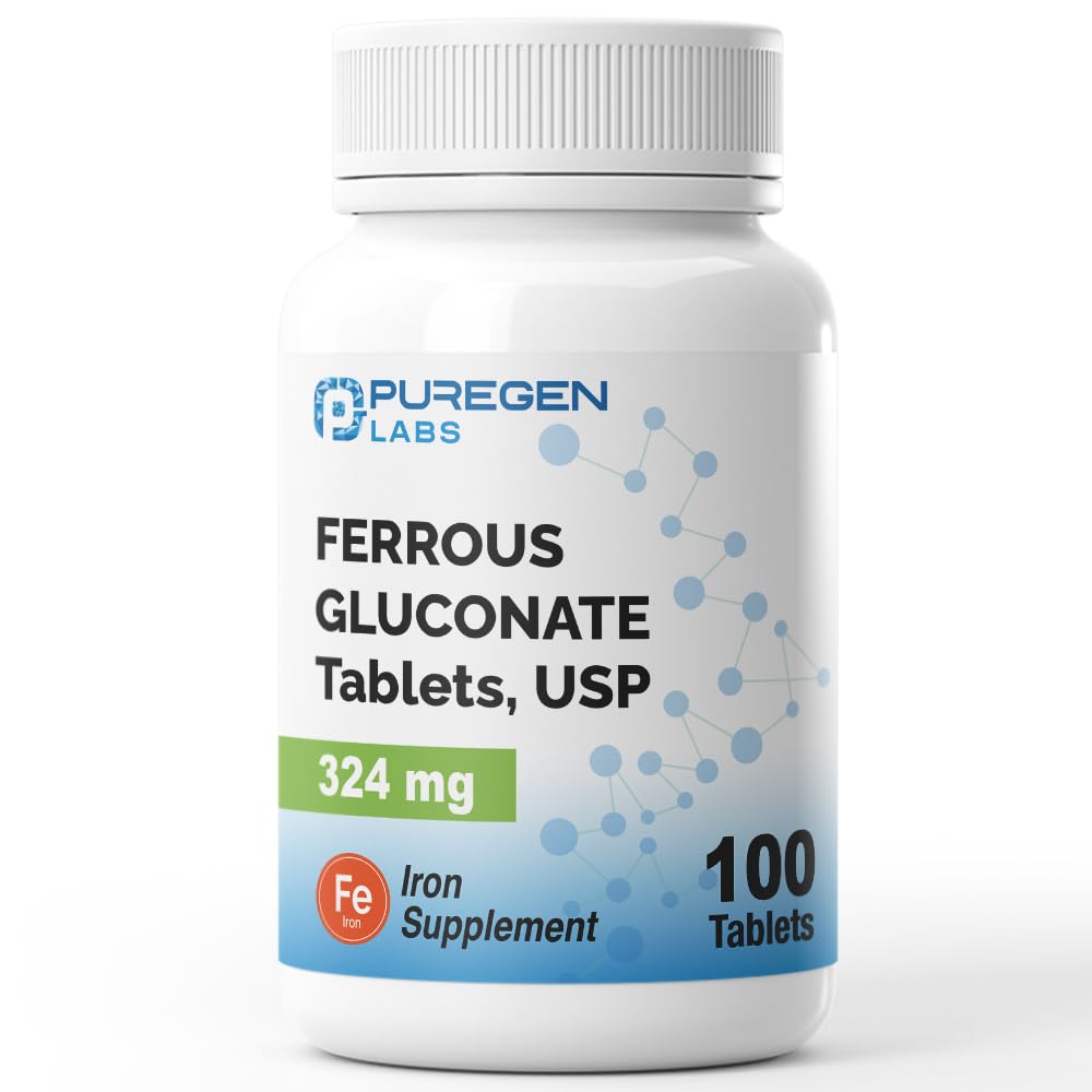 Puregen Labs Ferrous Gluconate 324 mg [Vysoká potence] Železo dodatek, Gentle on Stomach - 100 tablet
