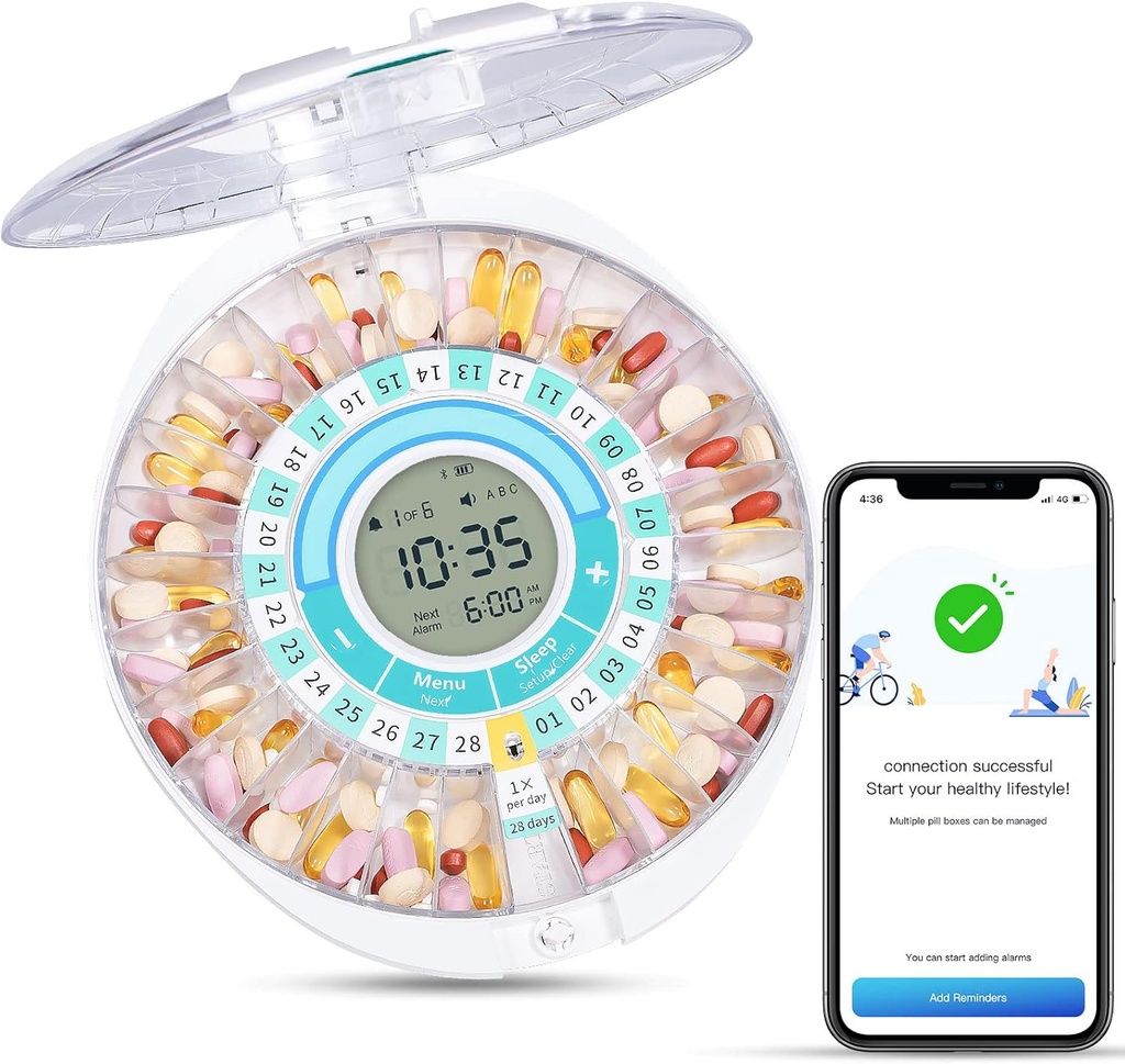 Zoksi Upgrade Bluetooth Smart Automatic Pill Dispenser, Elektronický medikace Disperser pro seniory, 28 Compartments Medicine Organizátor s zvukem / Light / App Alarm (mít operační video níže)