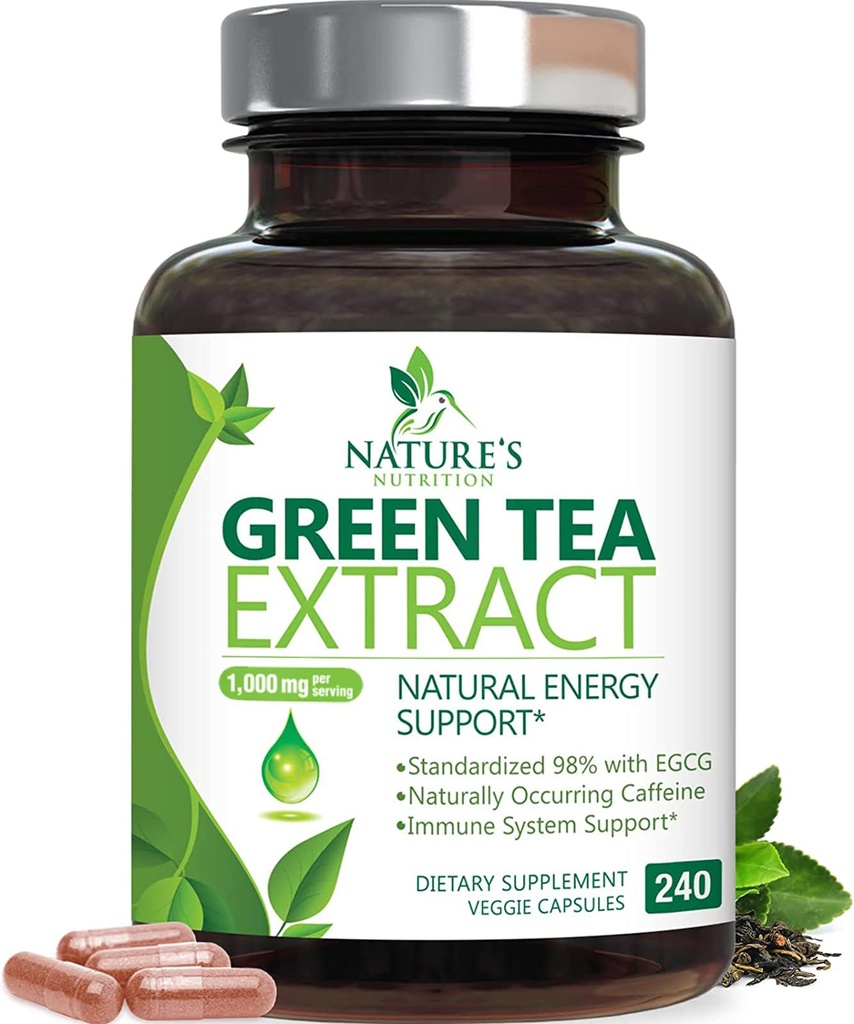 Zelený čaj Extract Kapsle 1000mg 98% Standardizované EGCG - 3X Síla pro přírodní energii - Podpora srdce s polyfenoly - Gentle Caffeine - 240 Kapsle