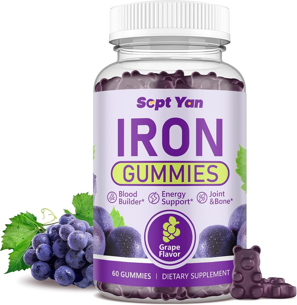 Železné gumy pro ženy a muže, Železné gumy s folátem, Vitamin B12, Zinek & D3 pro Blood Building, Energy Boost, Imunitní podpora a zdraví kostí, Gentle Absorpce, Vegan, Grape Favour 60ct