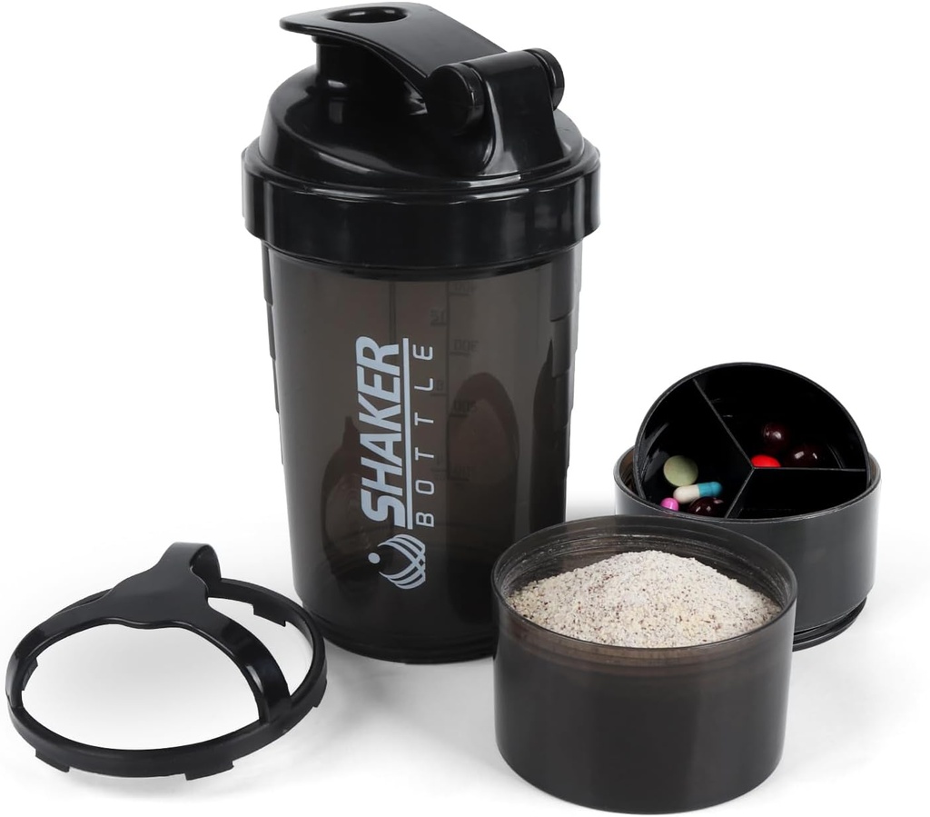 Shaker Lahvička - protein Shaker Cup se skladovacími prostory - Leak- proof Workout Shake Lahvičky se směsí pro hladké míchání -500ML / 16oz (PURE BLACK)