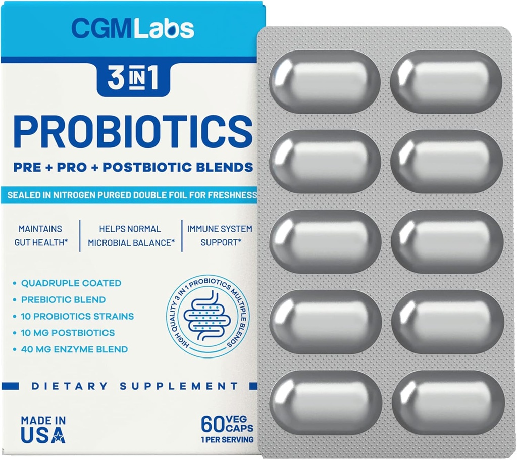 Probiotika 3 v 1 - Prebiotika + Probiotika + Postbiotika Všechno v jednom! Dusík Očištěný, jednotlivě balený v blistru s dvojitou fólií pro čerstvost - 60 Veg uzávěry od CGM Labs