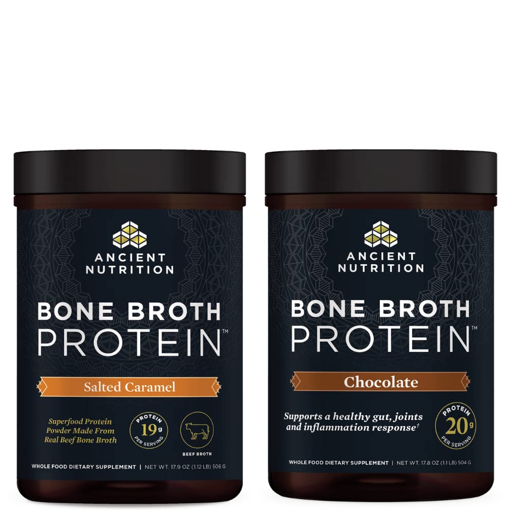 Starověké nutriční kostní protein prášek, slaný karamel, 20 porcí + porce kostní bílkoviny, čokoláda, 20 porcí