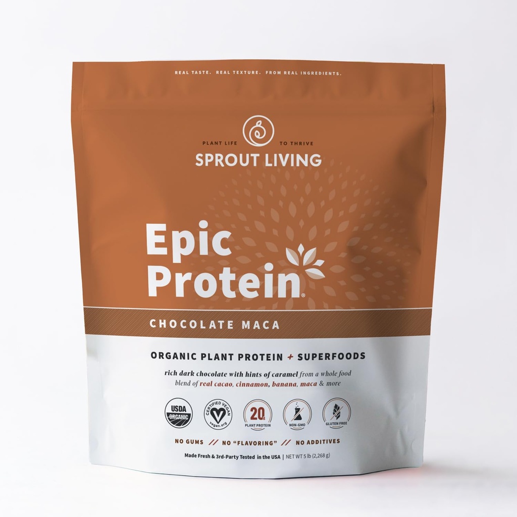 Sprout Living Epic Protein, Plant Based Protein & Superfoods Powder, Chocolate Maca Powder 124; 20 Grams Organic Protein Powder, Vegan, Non Dairy, Non- GMO, Gluten Free, Nízký cukr (5 Pound, 60 Servings)