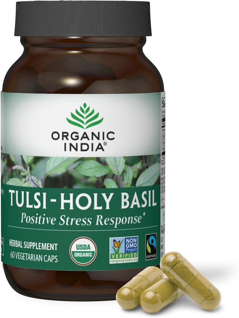 ORGANIC INDIA Tulsi Saint Basil Kapsle - Svatý Basil Extract - Holy Basil Leaf Dodatek, Bylinný dodatek, Imunitní podpora, Stress Relief, Vegan, gluten- Free, Kosher, Organic, Non- GMO - 60 Kapsle