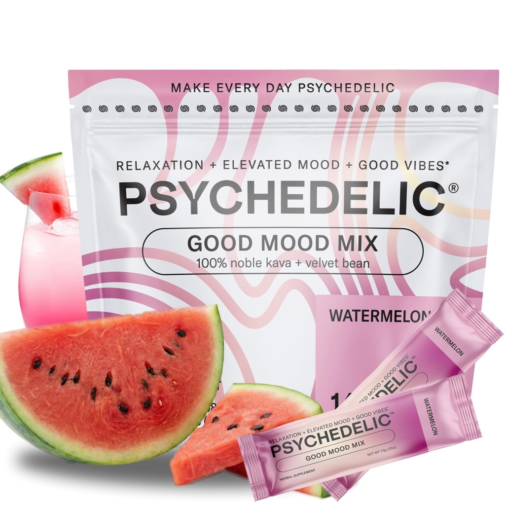 Good Mood Mix - Vodní meloun - Powder Packets - Calming Kava Drink Mix - Easy Open Single-Serving - Ochucený Kava Powder - Mucuna Pruriens - Stevia - Nealkoholický Adaptogen Mocktails - 14 Stick