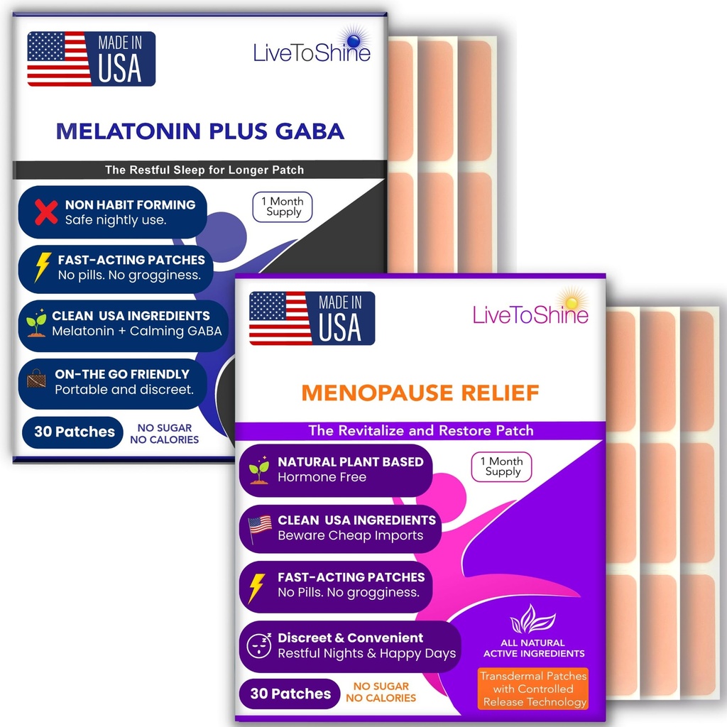 Menopauza Relief and Melatonin Sleep Patch Bundle - 2 balení - Hot Flashs, Night Sweats, Mood Swings Relief Plus Restful Sleep Patches - 30 denní zásoba per pack (60 dávek) - USA Made by Live To Shine