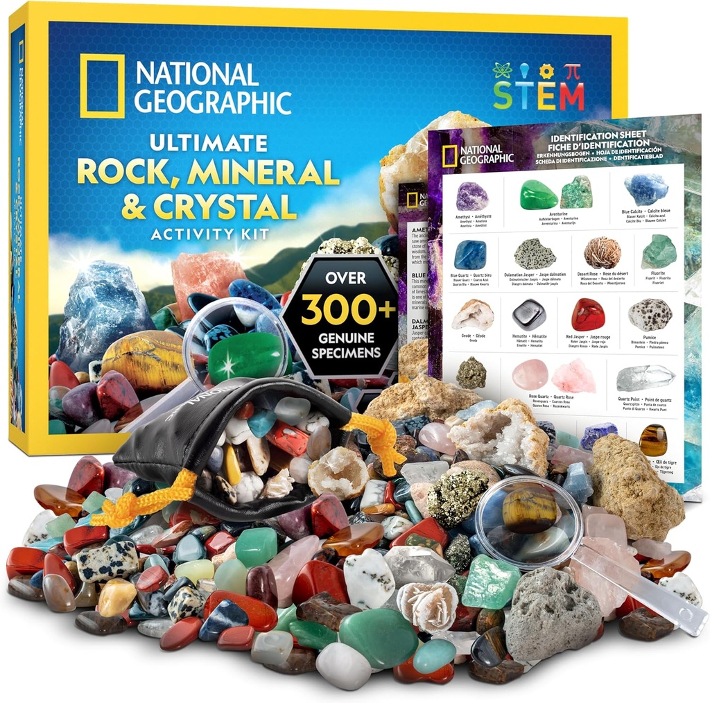 National Geographic Rock Collection Box for Kids - 300 + Kousek drahokamy a krystaly Sada obsahuje geody a skutečné krystaly, kameny a minerály, Vědecká sada pro děti, Geologický dárek pro chlapce a dívky