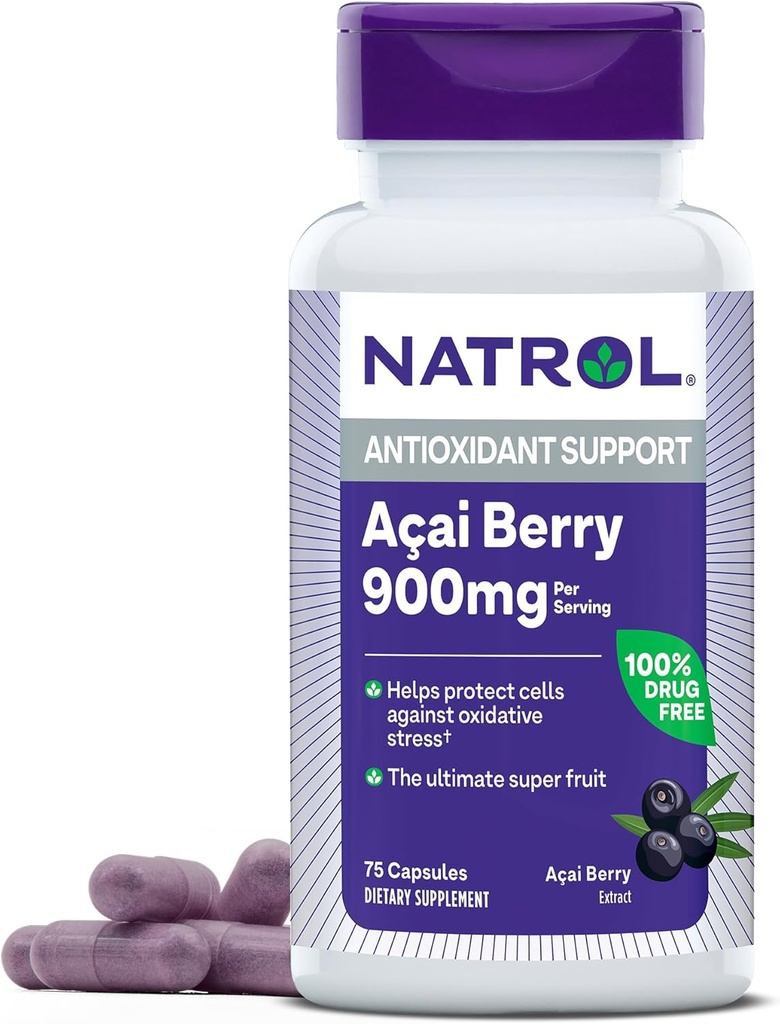 Natrol Acai Berry 900 mg na servírování, dodatek stravy pro antioxidační podporu, 75 Kapsle, 37 Day Supply