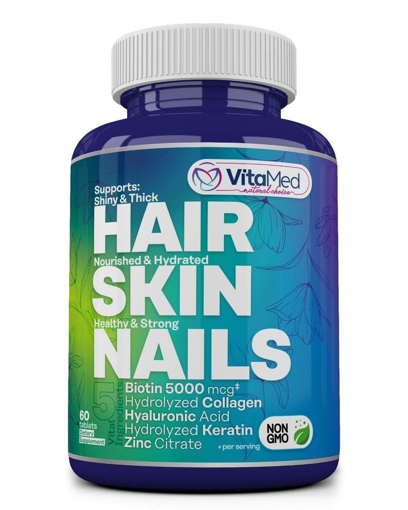 VitaMed vlasy, kůže a nehty - Biotin 5000 mcg, kolagen, OptiMSM, Keratin, Hyaluronic acid & Silica curren124; Podporuje růst vlasů, zářivá kůže, silné nehty curren124; Halal, Non- GMO, gluten- Free - 60 kosmetické tablety