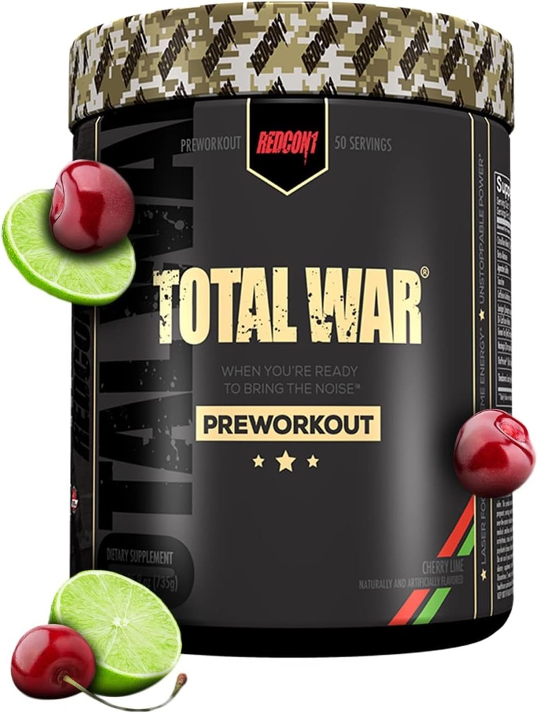 REDCON1 Celková válka Pre Workout, Cherry Lime - Beta Alanine + Citrulline Malate Vegan & Keto Friendly Prework pro muže a ženy s 320mg kofeinu (50 Služeb)