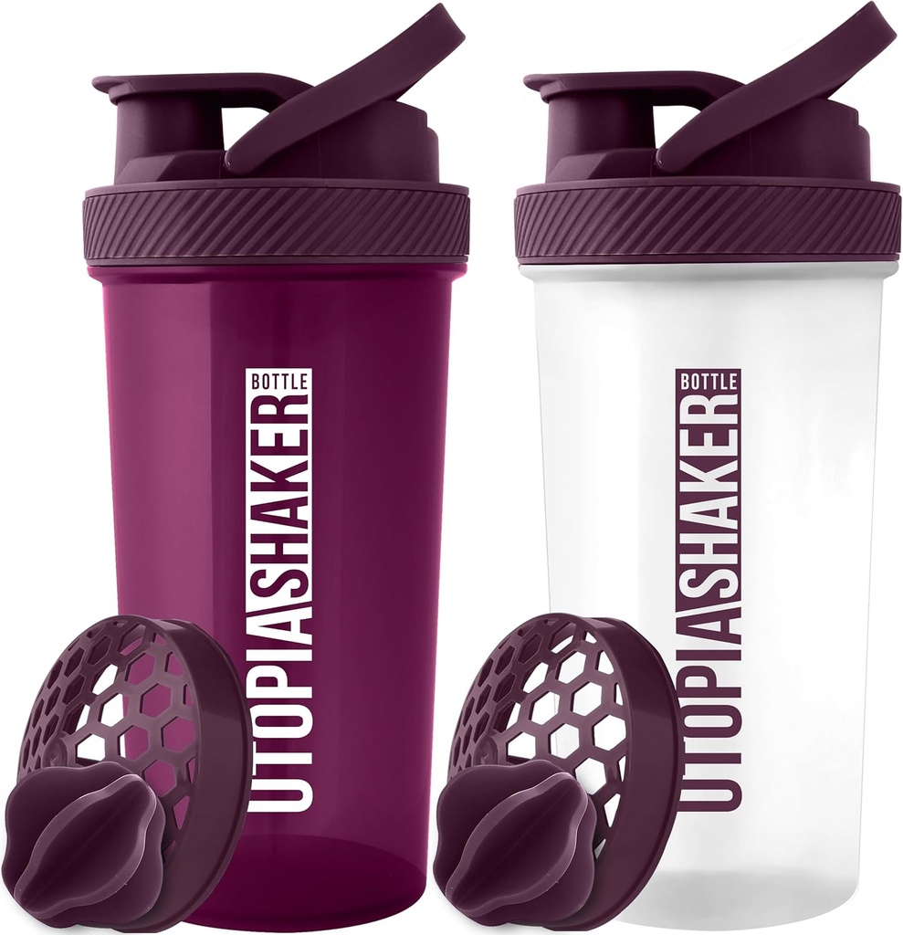 Utopia Home Protein Shaker Lahvička - (Balení 2) 28- Ounce Shaker Lahvičky pro proteinové směsi - Fitness Sports Classic Protein Mixer Shaker Lahvička (Plum & Clear / Plum)