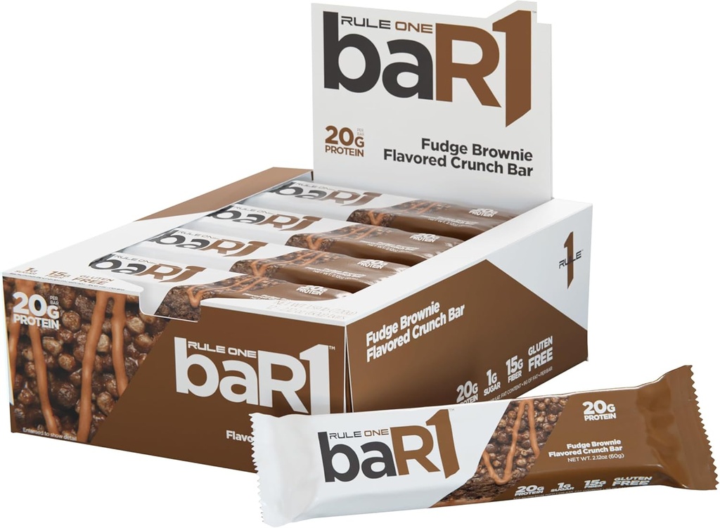 Pravidlo 1 baR1 Crunch Bar - On-The- Convenient Protein Snack Bary s 20g Premium Protein, Naturally-Balené EAA / BCAA, Hunger- Filling Fiber (12 hrací box, Fudge Brownie)
