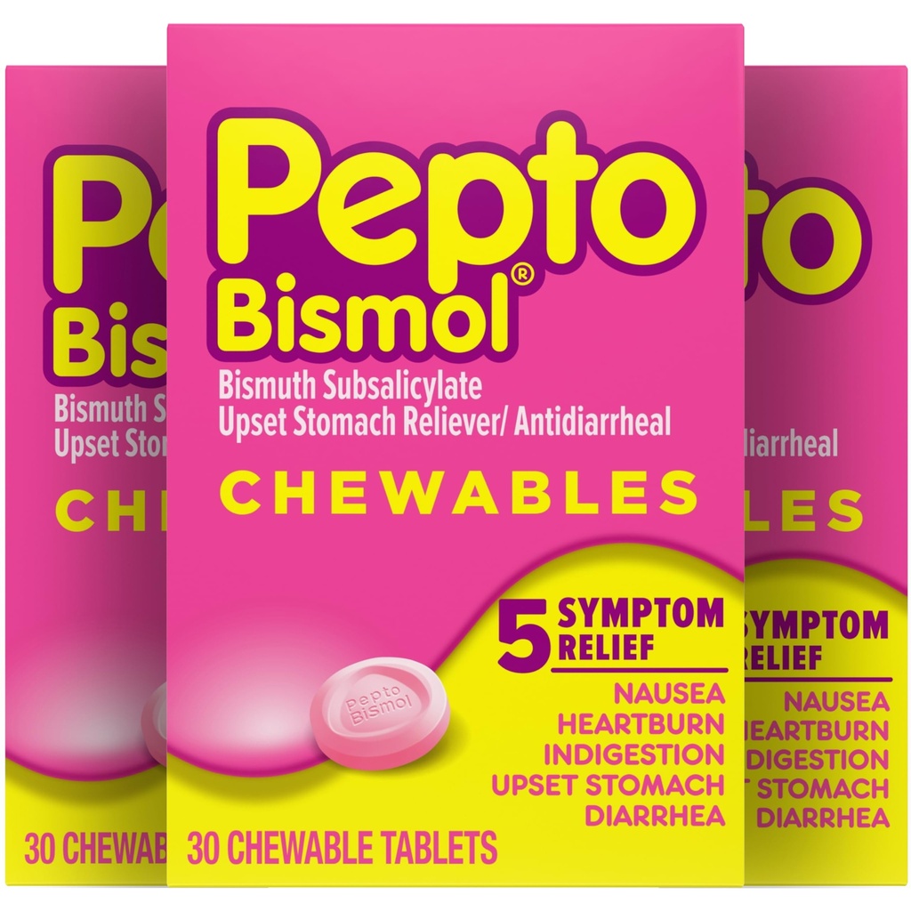 Pepto Bismol Žvýkací tablety pro nauseu, Heartburn, Požití při požití, Upset Stomach, a Průjem Relief, Original Flavor, 90 Celkem (3 balení po 30)